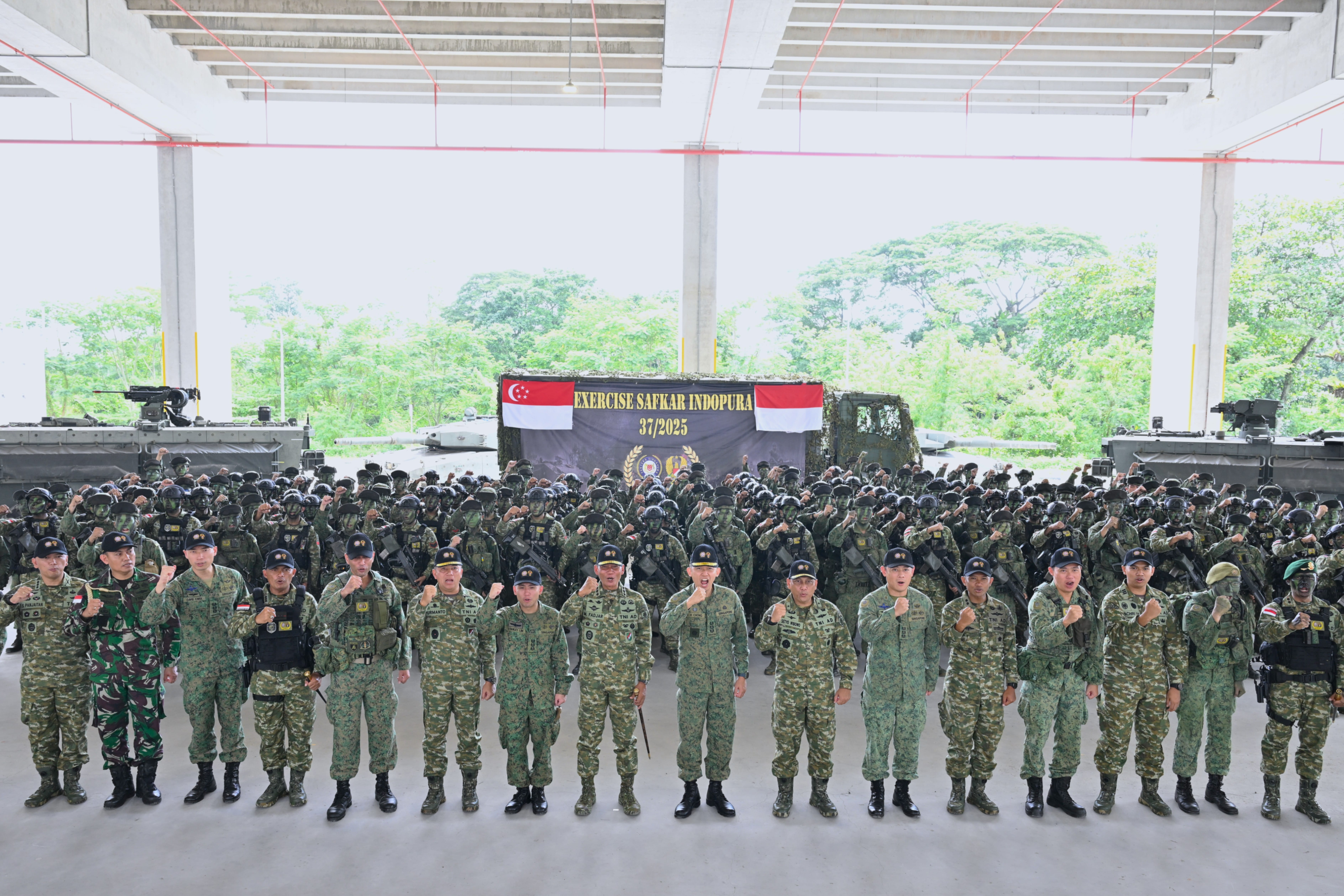 Soldiers from the Singapore Army and the Indonesian Army (TNI-AD) at the closing ceremony for Exercise Safkar Indopura (